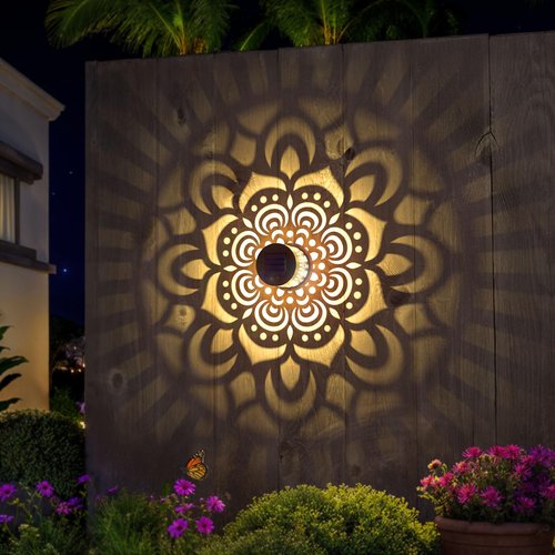 EKQ Solar Fence Lights 2 Pack Outdoor Deck Step Wall Lights Metal Waterproof LED Warm Yellow Light for Garden Post Patio Backyard Yard Decor (Mandala-1)