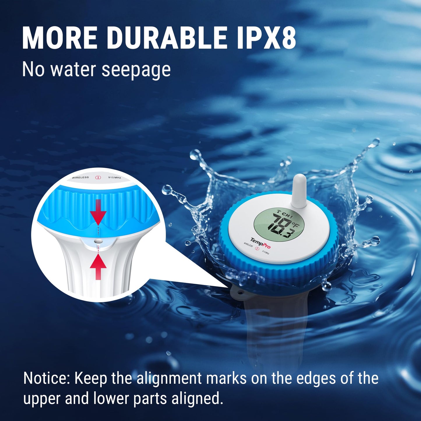 TempPro Waterproof Wireless Pool Thermometer Easy Read, Digital Pool Thermometer Floating for Swimming Pool, Hot Tub, Cold Plunge, Pond, Upgraded IPX8 Water Temperature Monitor (Previously ThermoPro)