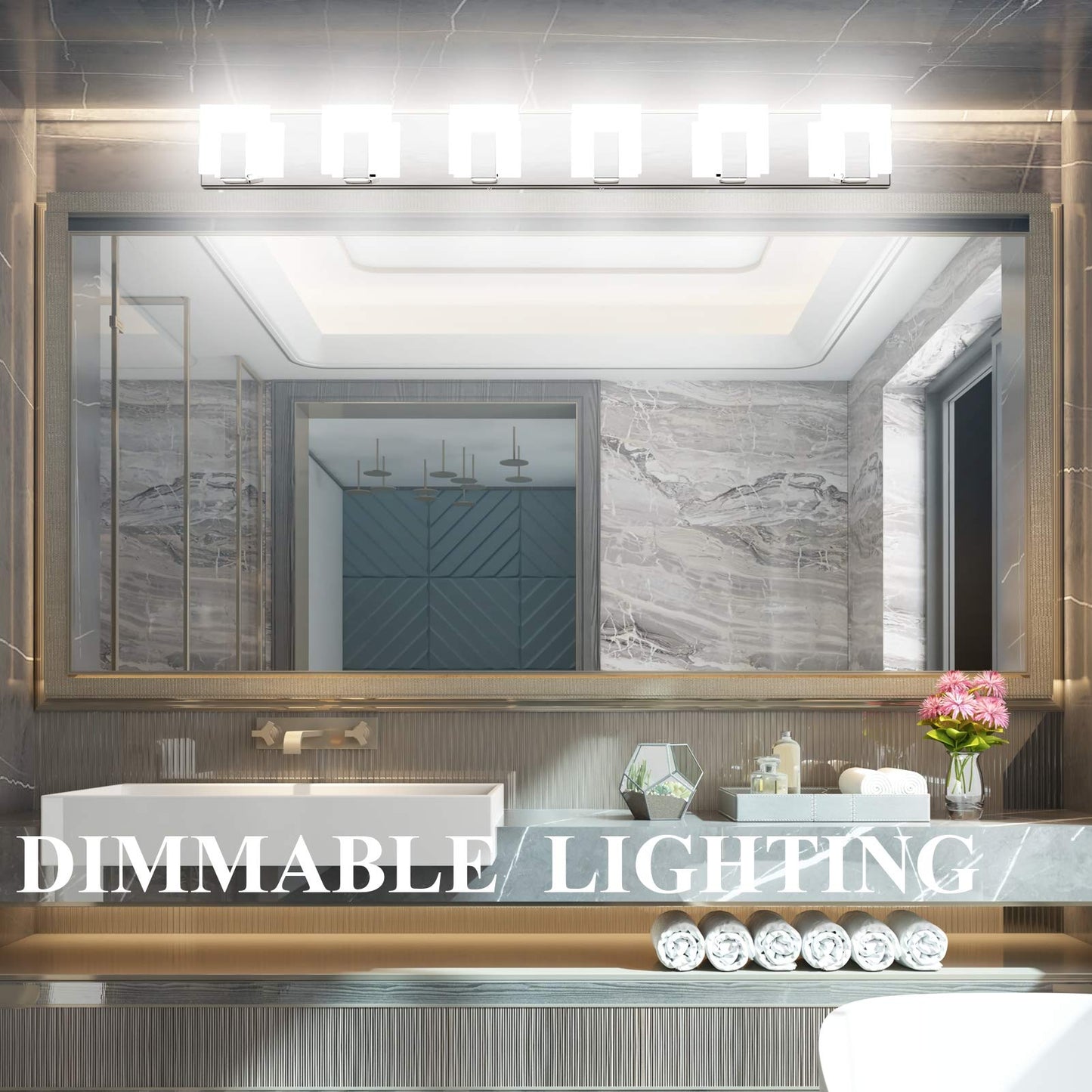 Aipsun 6 Lights Dimmable Modern LED Bathroom Vanity Light Acrylic Stainless Steel Chrome Up and Down Bathroom Wall Light Over Mirror(White Light 6000K)