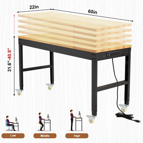 Antifir 60" Heavy Duty Workbench 1800 Lbs Capacity Solid Wood Working Bench Adjustable Height Rolling Work Tables with Power Outlets for Garage Shop Home Office