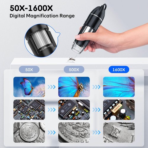 USB Digital Microscope, 50x-1600x Magnification Handheld, 1440P HD 8 LED Lights, Portable Pocket Microscope, Compatible with iOS and Android Devices, 2MP Magnifier Microscopes Camera for Adults, Kids