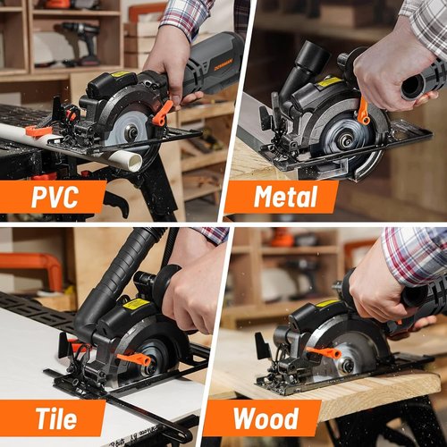 DOVAMAN Circular Saw, 5.8A 4-1/2" Circular Saw w/Laser, Metal Auxiliary Handle, 6 Blades (4½", 4¾"), Cutting Depth 1-11/16" (90°), 1-3/8" (45°), Ideal for Wood, Soft Metal, Plastic, Tile - MCS01A