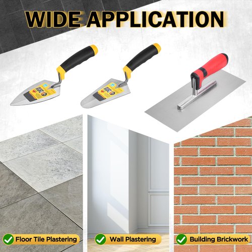 3 Pcs Masonry Tool Set, 6" Pointing Trowel & 11"x4" Stainless Steel Flat Finishing Trowel with Soft Grip Handles Concrete Drywall Tile and Plastering Tools for Contractors DIY