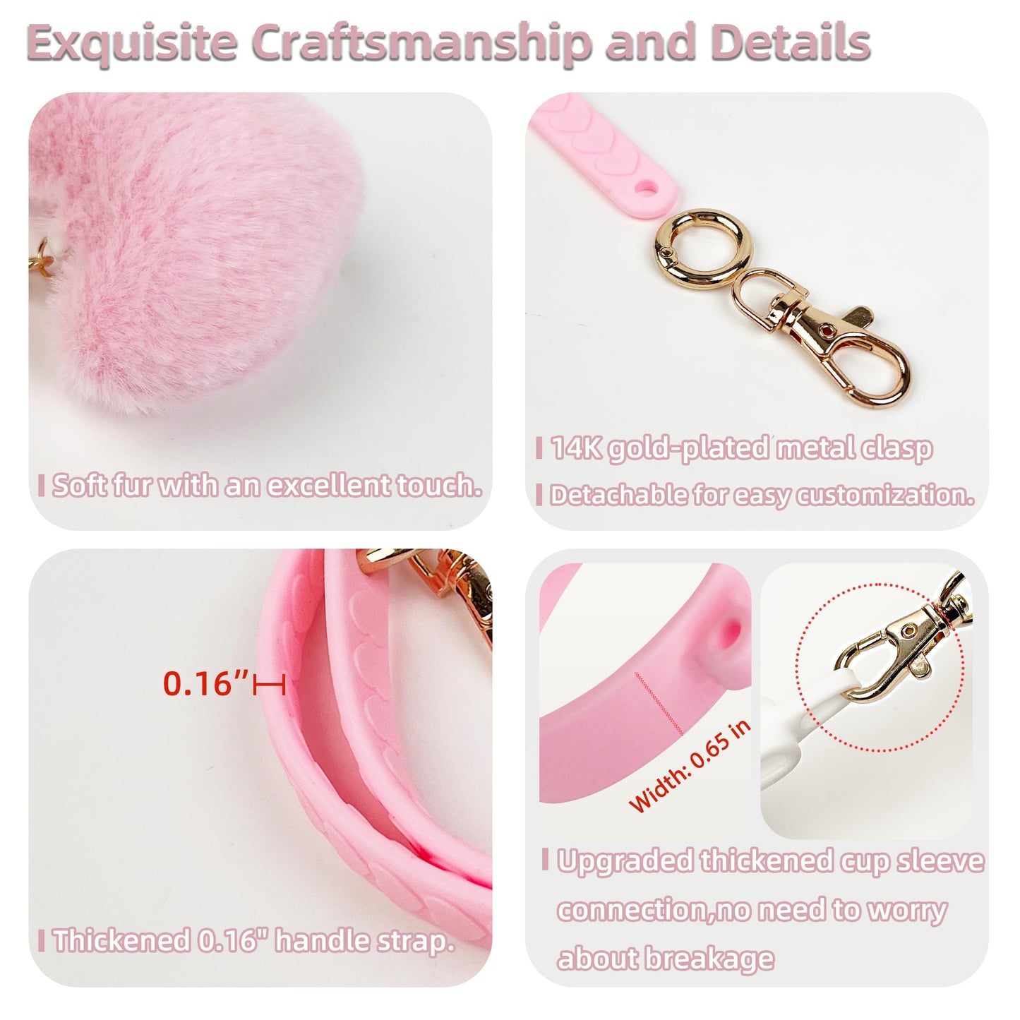 Handle Strap with Heart Charms for Owala & Stanley Cups, for Owala Water Bottle 24oz, 32oz, 40oz, Owala Coffee Tumbler, Pink Owala, Stanley 30oz, 40oz Tumblers, Stanley & Owala Accessories (Pink)