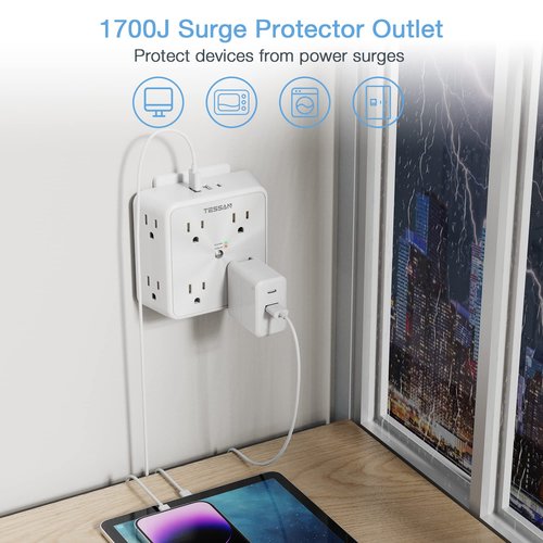 Surge Protector 8 Outlet Extender, TESSAN Multi Outlet Splitter with 3 USB Wall Charger (1 USB C Port), 3-Sided Multiple Plug Power Strip 1700J, Charging Station for Home Office Dorm Room