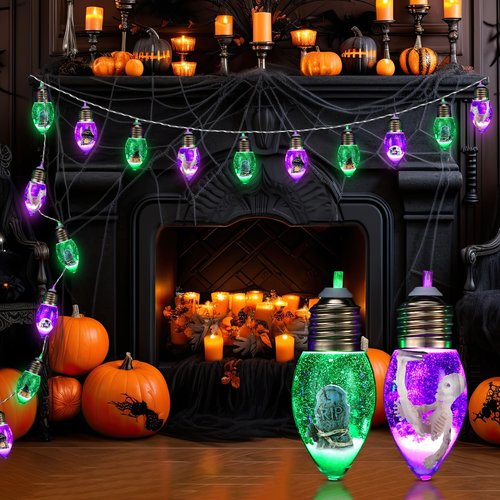Aurelema 1 Pcs Halloween Bulb String Lights,6.6 FT 10 LED Halloween Lights Indoor Battery Operated, Skeleton Skull Pumpkin Tombstone Spooky Twinkle Indoor Outdoor Decor for Holiday Party (Oval)