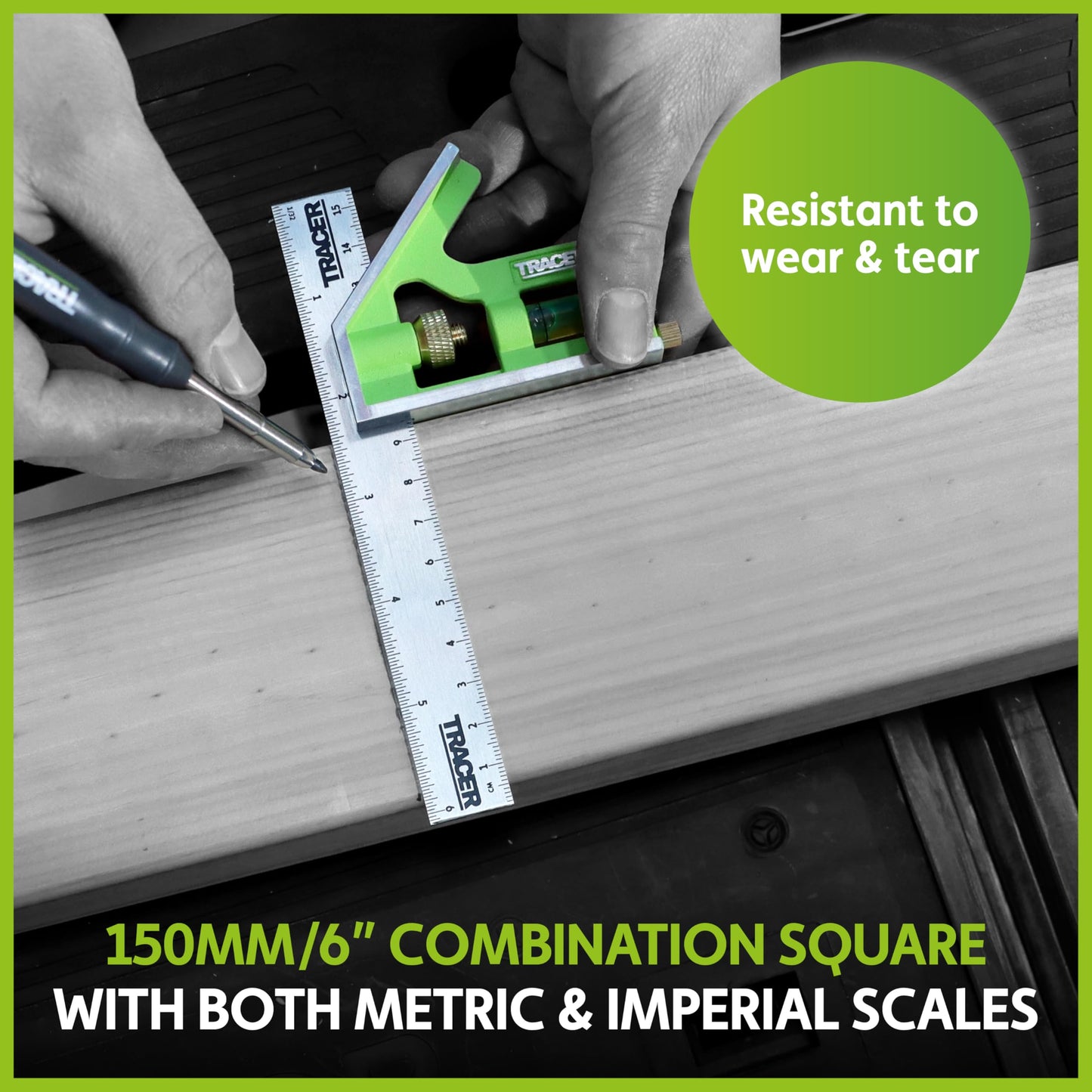 TRACER 6 Inch Combination Square with Level | Adjustable Square Tool for Woodworking Carpenter | Metric & Imperial Ruler | Stainless Steel Combo Square | Escuadras de Carpintero | Built in Scribe Tool