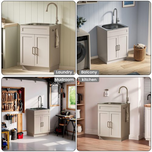 ANCTOR 24 Inch Laundry Sink with Cabinet, Stainless Steel Utility Sink Cabinet with Pull-Out Hot/Cold Faucet Metal Hooks Freestanding Deep Utility Sink for Laundry Utility Room Kitchen Garage