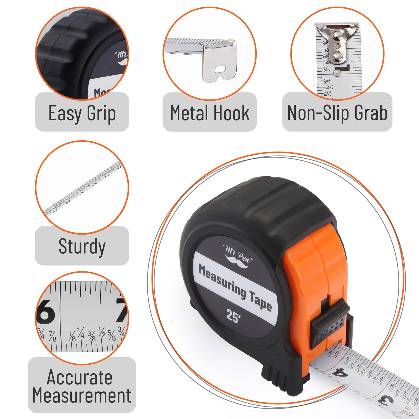 Mr. Pen- Retractable Tape Measure 25 ft, Orange, Easy Read
