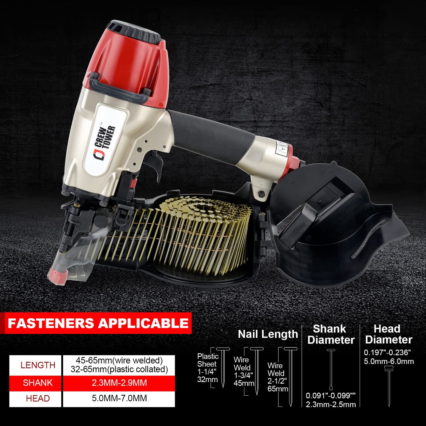 CREWTOWER Pneumatic Coil Siding Nailer CN565B, 1-1/4" to 2-1/2"