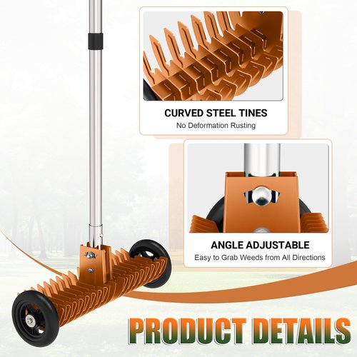 JouZYA Lawn Thatch Rake, 15-Inch Steel Dethatching Tool, Adjustable 0-15° Angle and 38-68 Inch Length, Heavy-Duty Yard Rake for Dead Grass Removal and Lawn Care (Tangerine)