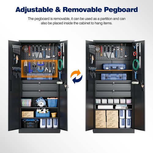 Yizosh Metal Garage Storage Cabinet with Locking Doors and 2 Drawers, Heavy Duty Steel Tool Cabinet with Pegboard, 71" - Lockable Cabinets for Garage, Warehouse, Basement (Black)