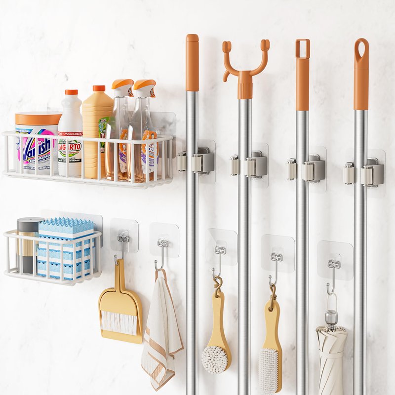 11 Pack Broom Holder Wall Mount Self Adhesive,Broom and Mop Organizer Wall Hanging with Cleaning Supplies Organizer and Utility Hooks Grippers,Broom Hanger Storage Rack for Closet Cabinet Laundry Room