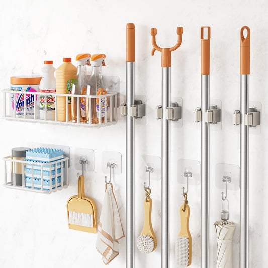 11 Pack Broom Holder Wall Mount Self Adhesive,Broom and Mop Organizer Wall Hanging with Cleaning Supplies Organizer and Utility Hooks Grippers,Broom Hanger Storage Rack for Closet Cabinet Laundry Room
