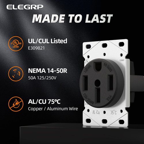 ELEGRP 50 Amps 125/250V Range Oven Stove Receptacle, Flush Mounting Power Outlet, NEMA 14-50R, Straight Blade Heavy Duty Range Receptacle, Grounding, 3 Pole 4 Wire, UL Listed, 1 Pack