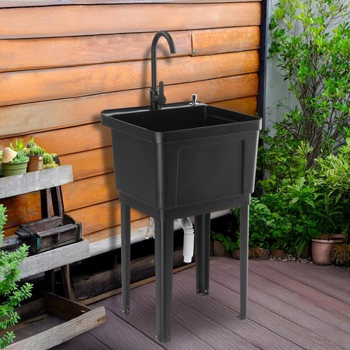 ROVSUN 21-Gallon Plastic Utility Sink, Freestanding Sink with Hot&Cold Faucet, Soap Dispenser, Drain Plug and Iron Legs, Perfect for Laundry Room, Garage, Black 19.7L"×18.9W"×33.1H"