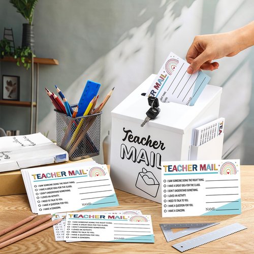 Dunzoom Teacher Mailbox Set Include 8.2x6.2x5.5 Inch White Metal Classroom Mailbox with Lock and 50 Cards for School Classroom Teacher Student Social Emotional Learning