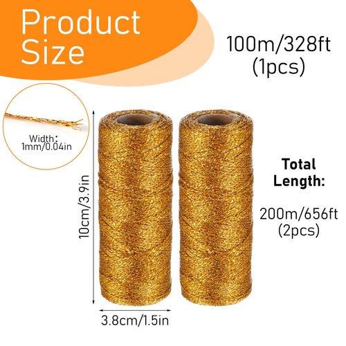 HJZHII 2 Pcs Gold String, 1 mm Diameter 328 Feet 3937 in Glitter Twine Gold Yarn Thread Twine for Baker Gift Wrapping Christmas Ornaments Holiday Decorations DIY Crafts