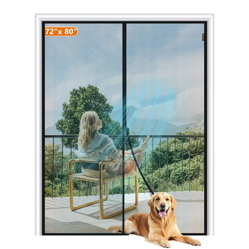 MAGZO Magnetic Screen Door Fit Door Size 72 x 80 Inch, Screen Size 74" x 81" Strong Magnet French Style Mesh, Fiberglass Heavy Duty Mesh with Hook & Loop for Sliding Entrance, Gray