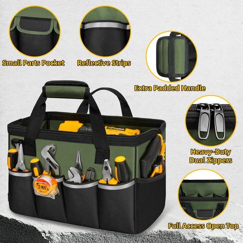 NECKORY Tool Bag, Portable Tool Box Organizer Adjustable Shoulder Strap, Carry Tool Tote Heavy Duty Tool Storage Bag With Wide Mouth,Tool Bags for Men Mechanic EngineerGift - L, Army Green & Black