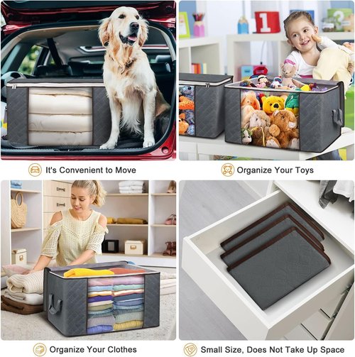 Budding Joy Clothes Storage, Foldable Large Blanket Storage Bags with Zippers, Storage and Organization for Clothing, Comforter, Bedding, Toys, Closet Organizers with Enhanced Handle, 60L 6 Pack Gray