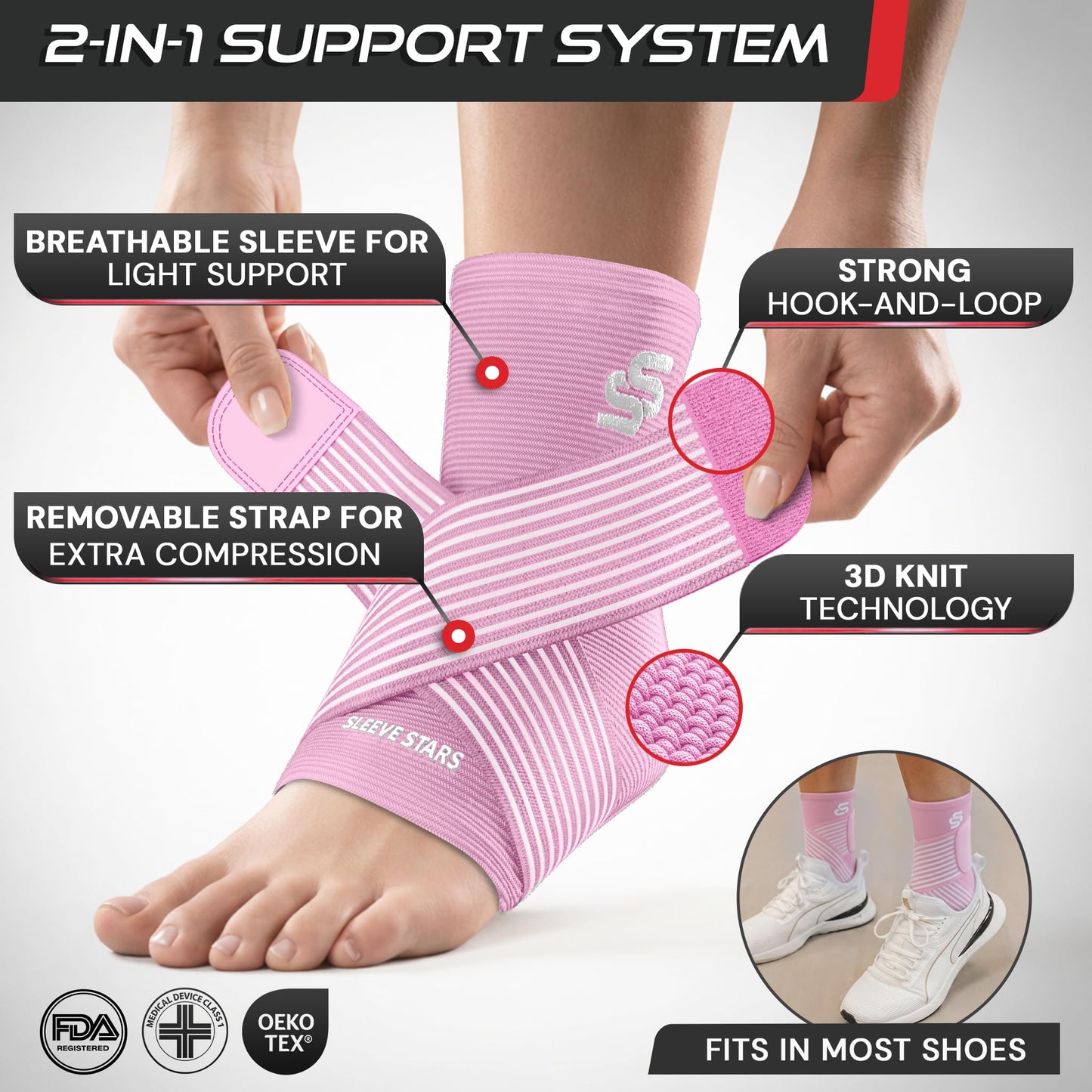 Sleeve Stars Ankle Brace for Women & Men, Ankle Wrap for Sprained Ankle, Compression Sleeve for Plantar Fasciitis Relief, Easy Customizable Support: w/Removable Strap (Single/S:9"-10"/Baby Pink)