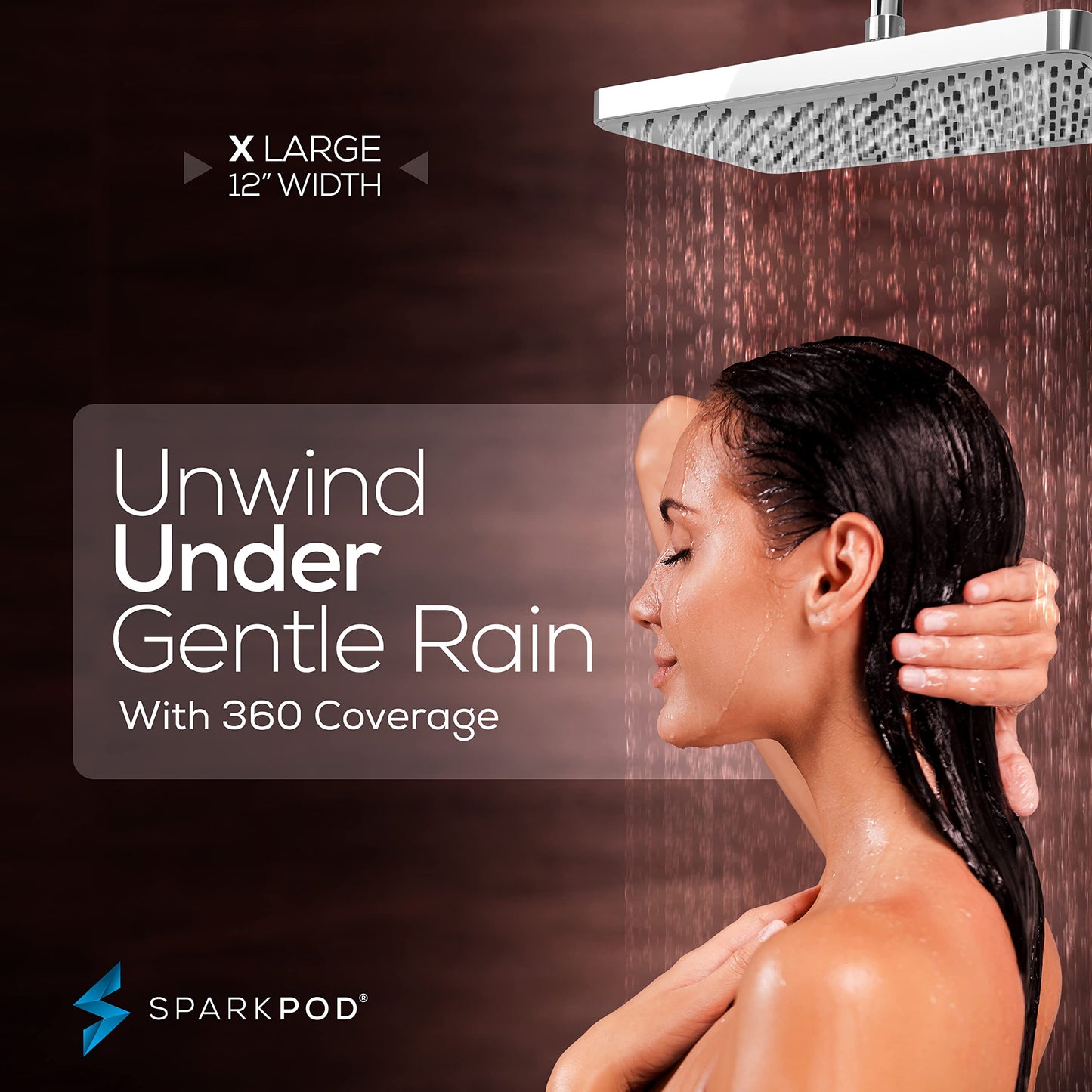 SparkPod 12 Inch Rectangle Rain Shower Head - Ceiling or Wall Mount Rainfall Shower Head - Large Coverage Showerhead - Brass Ball Joint with 360° Adjustment - 1-Min Install (Luxury Polished Chrome)