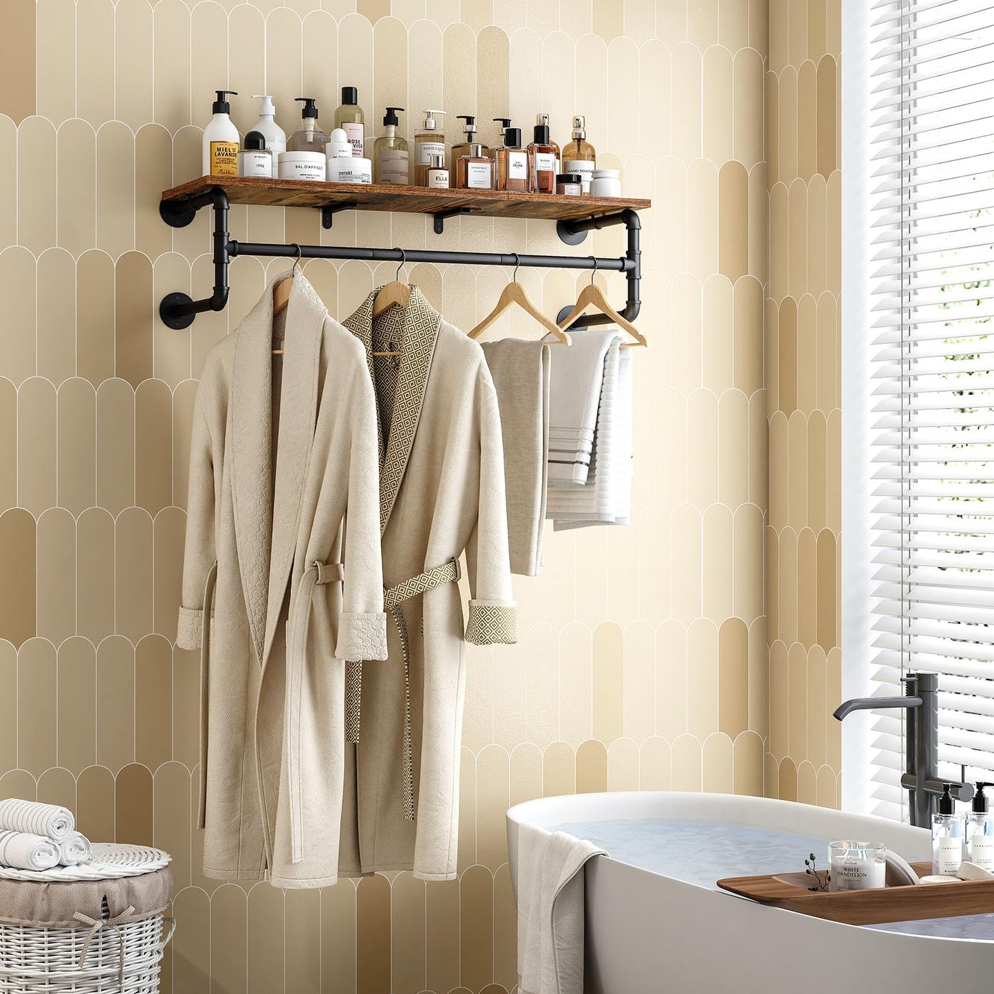 UlSpeed Clothes Rack with Top Shelf, 42.3in Industrial Pipe Wall Mounted Garment Rack, Space-Saving Display Hanging Clothes Rack, Heavy Duty Detachable Multi-Purpose Hanging Rod for Closet Storage