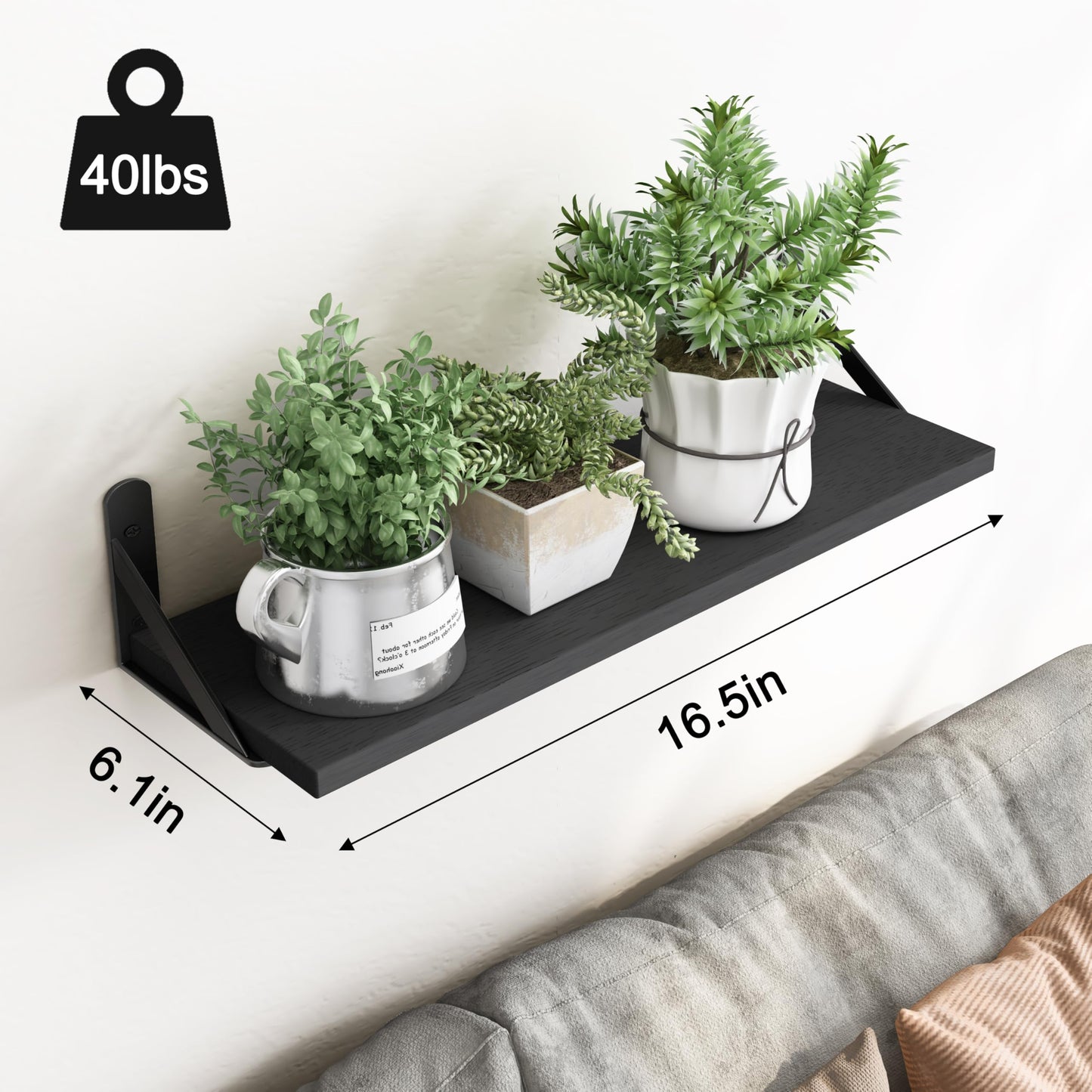 YGEOMER Wall Shelves for Bedroom, 16.5 Inch Floating Shelves for Wall, Shelves for Bathroom Storage, Living Room and Kitchen Decor (Set of 6 Black)