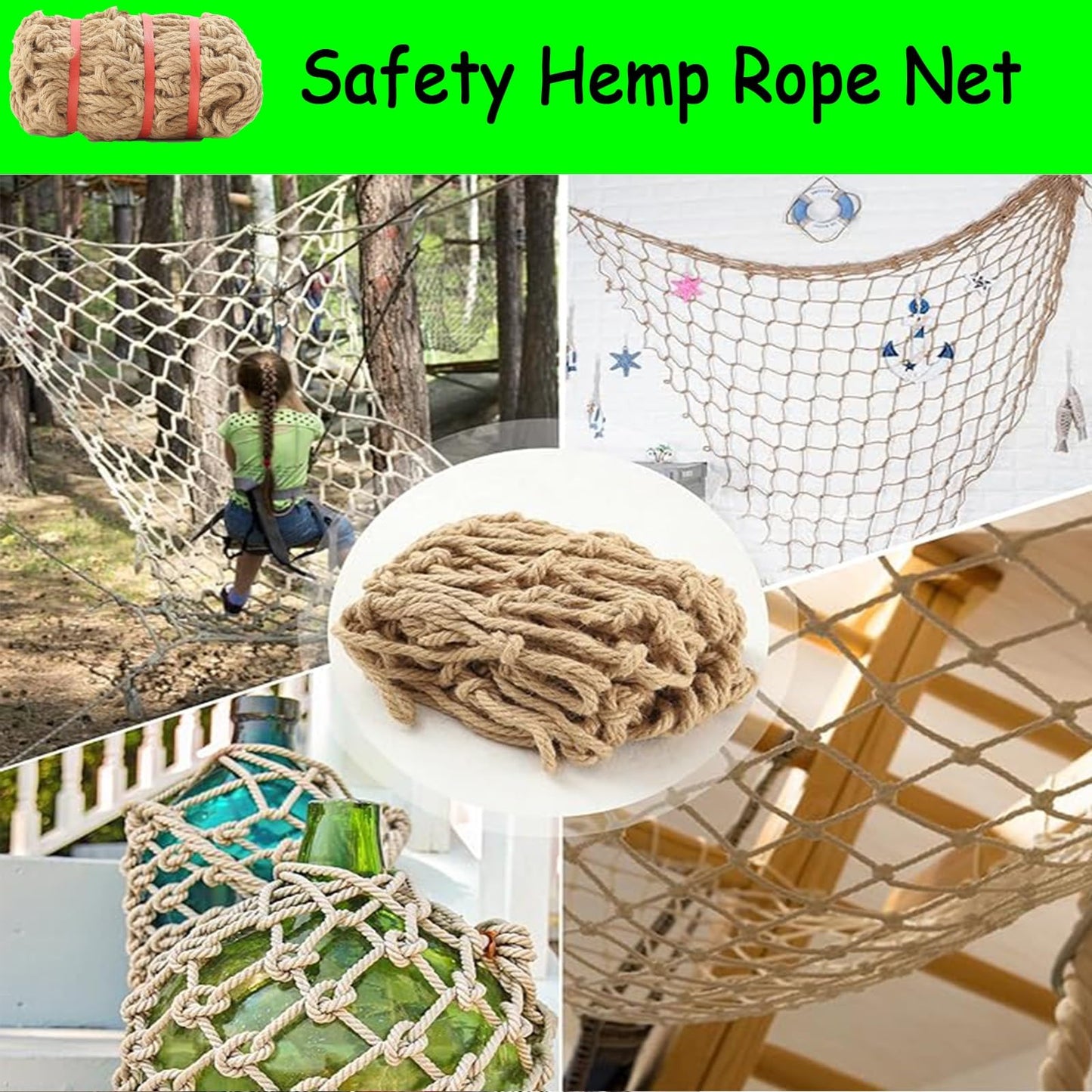 Heavy Duty Hemp Rope Cargo Net, Safety Anti-Fall Fence Net for Children Pet Cat, Tree House & Stair Balcony Protection - Outdoor Hammock & Playground Nets,3x3FT / 1x1(M)
