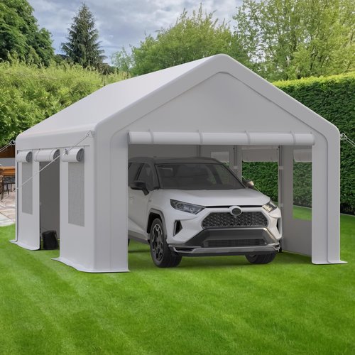 GarveeLife Heavy Duty Carport, Portable Garage with 4 Doors & 4 Window，Upgraded Carport with Reinforced Steel Poles, Uv Resistant All-Season Waterproof Tarp, for Car, Truck, Boat