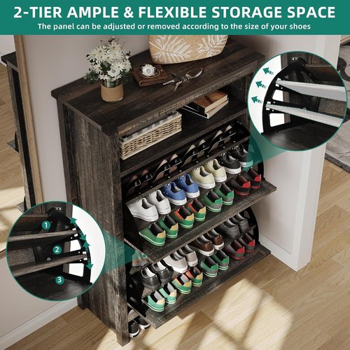 YITAHOME Shoe Cabinet, Entryway Shoe Storage Cabinets with Open Shelves and Led Light, Free Standing Hidden Shoe Rack Organizer with 2 Flip Drawers for Entryway/Hallway/Closet, Dark Rustic Oak