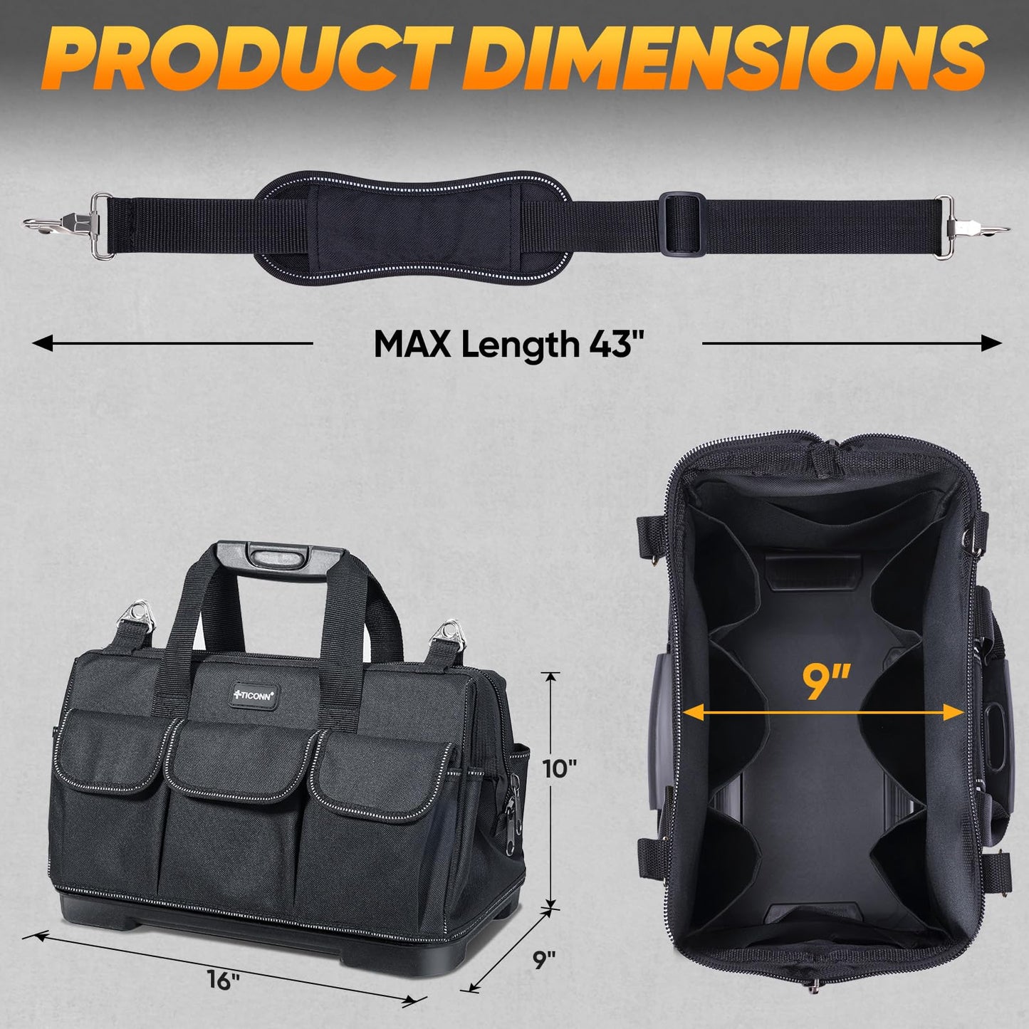 TICONN Heavy Duty Tool Bag with Multi-Pockets, Portable Tool Box Organizer Storage Bag, with Adjustable Shoulder Strap and Ergonomic Handle (Black, 16" Molded Base)