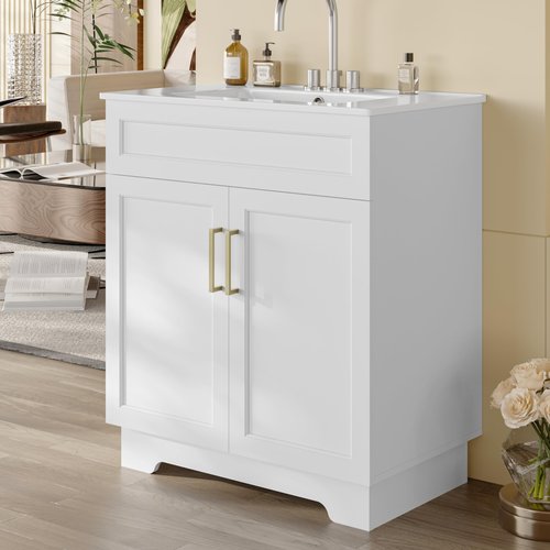 OLD CAPTAIN Bathroom Vanity with Ceramic Sink, 30" Freestanding Quick Assembly Bathroom Vanity Cabinet with Storage, White