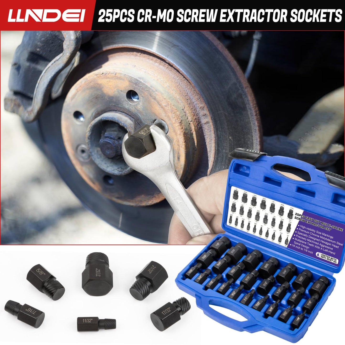 LLNDEI Screw Extractor Set Hex Head Multi-Spline Easy Out Bolt Extractor Set, EZ Out Rounded Screw Remover, 1/8 Inch to 7/8 Inch in 1/32-Inch Increments, CR-MO, 25 Pieces, Stripped Fastener Tool