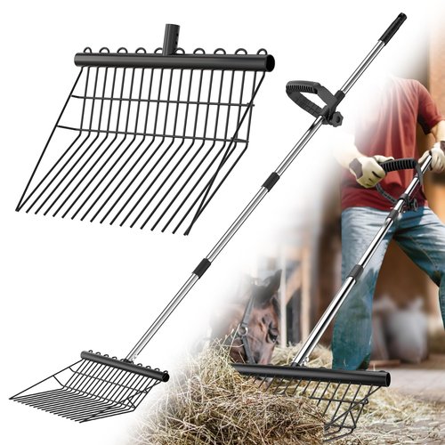 Manure Fork, Metal Horse Manure Rake with 2 Dura Fork Replacement Heads and 1 Steel Handle, Rust-Proof Heavy Duty Hay Rake Pitch Fork for Horse Stall Poop