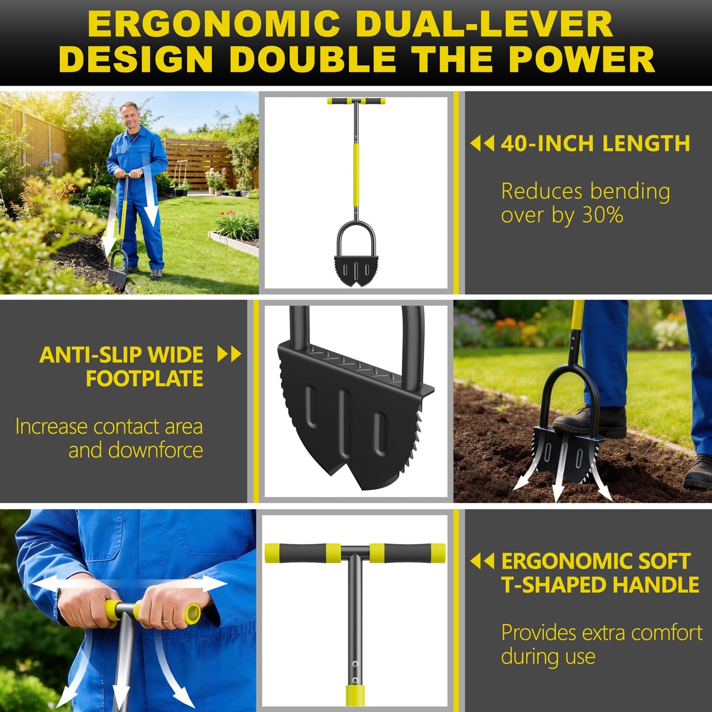 Half Moon Edger Lawn Tool with Double V-Shaped Saw-Tooth Blade & Rubber T-Grip, 40in Edging Shovel for Landscaping, Garden Edging Tool for Landscaping, Manual Lawn Edger Tools for Garden Maintenance