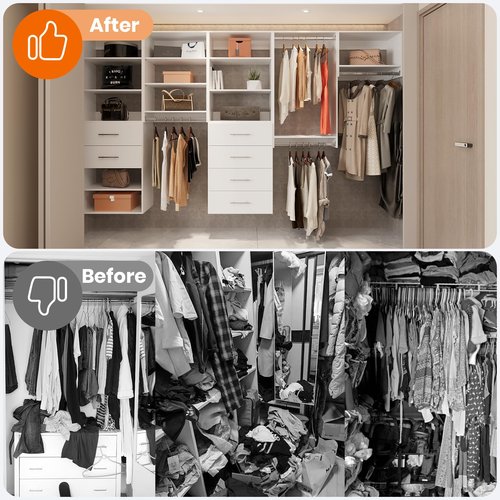 ROOMTEC Modular Closet System, 49" Wall-Mounted Closet Organizer with Hanging Rods, Wooden Tower for Walk-In Closets, Wardrobe Storage Kit, White