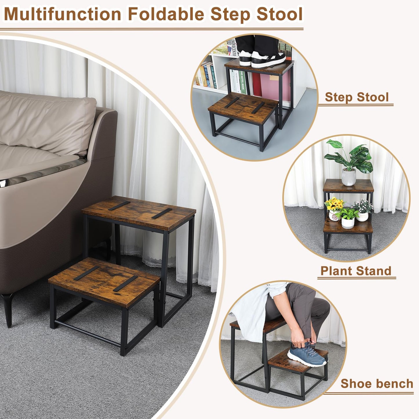 Vrisa Wood Step Stool for Adults Bedside Steps for High Beds Two Step Stools with 550Lbs Load Capacity Heavy Duty RV Stepping Stool for Kitchen Bedroom Living Room, Rustic Brown