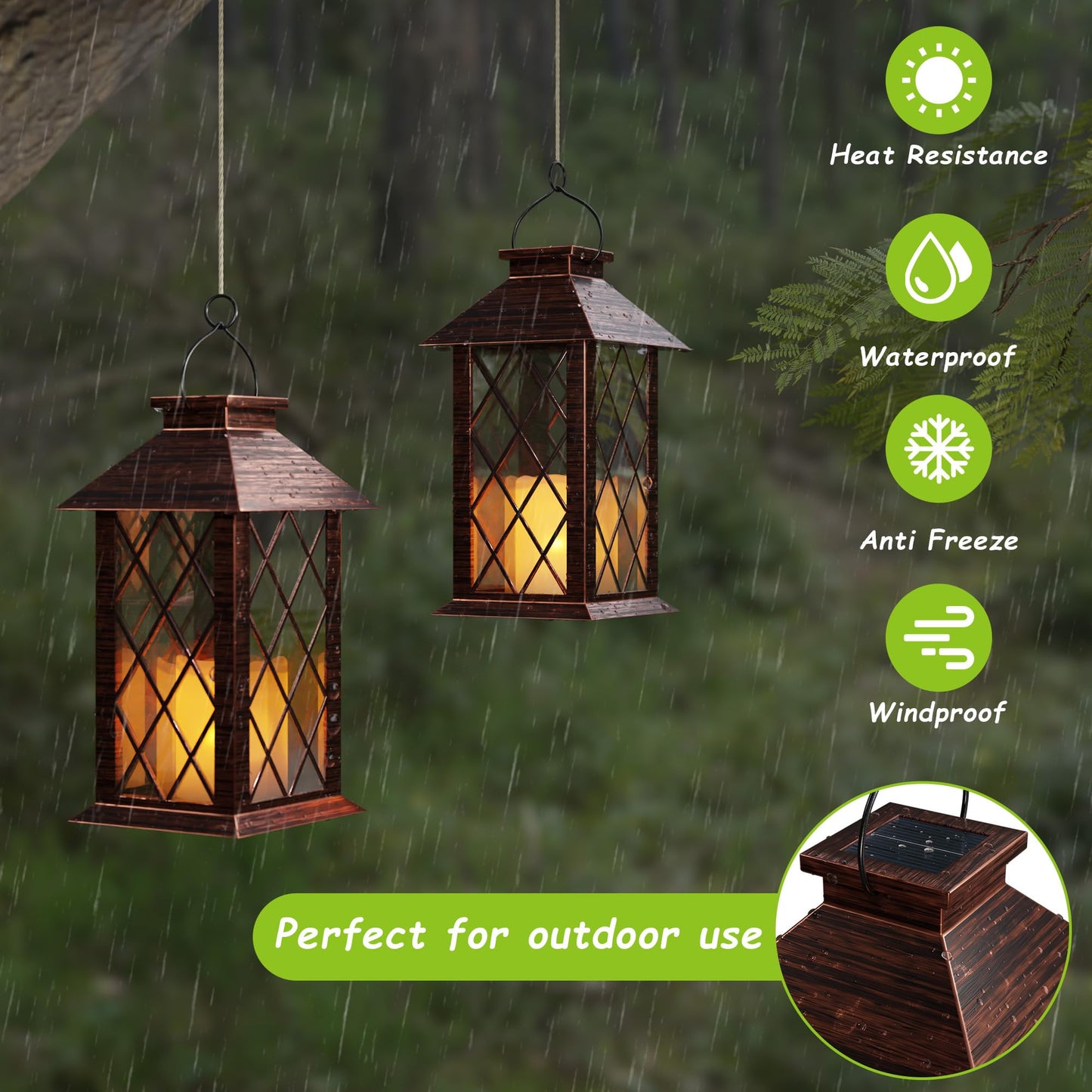 AFINETH Outdoor Solar Lanterns, Waterproof Hanging Lantern with LED Flickering Flameless Candle, 13'' Bronze Outdoor Solar Powered Lantern Decor for Porch Patio Garden Balcony Pathway, 1 Pack