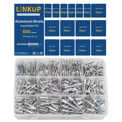 Linkup 600pcs 15 Sizes Pop Rivets Assortment Kit,Aluminum Rivets, Silver pop rivet set including 3/32" 1/8" 5/32" 3/16" 1/4" blind rivets for metal Dome Head rivet kit