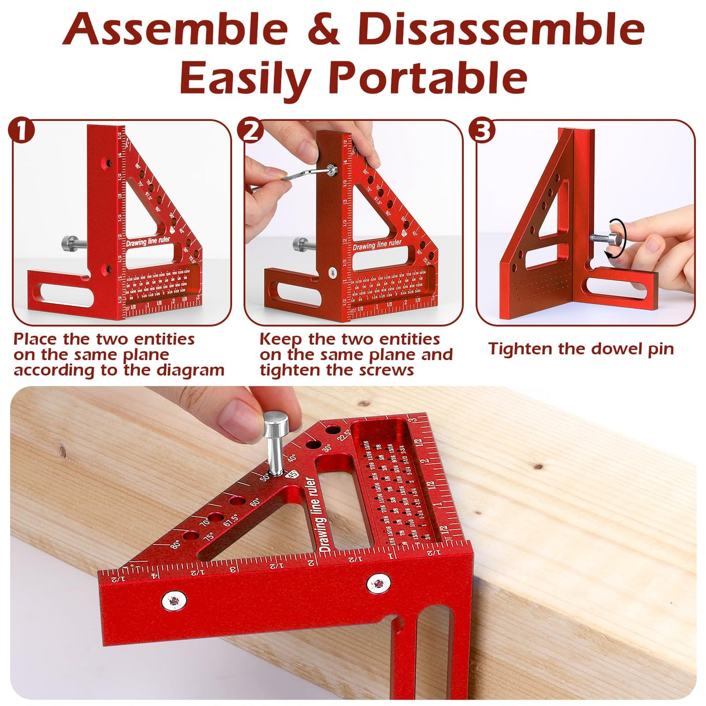 Aiwons 3D Multi-Angle Measuring Ruler -Precision Woodworking 3D Square Protractor 22.5-90 Degree and Miter Triangle Ruler - Aluminum Alloy Drawing Line Ruler for Engineer Carpenter and Craftsmen Red…