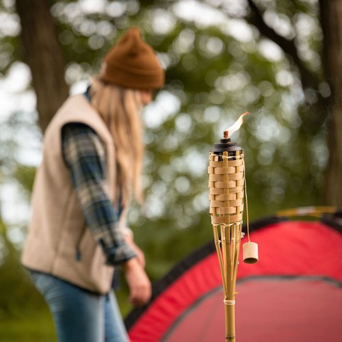 TIKI Bamboo Tiki Torches 4-Pack – Weather-Resistant Outdoor Décor with Easy-Pour Wide-Mouth Canister Refill for Patio, Garden, Backyard, and Parties, 57-Inch Citronella Torches