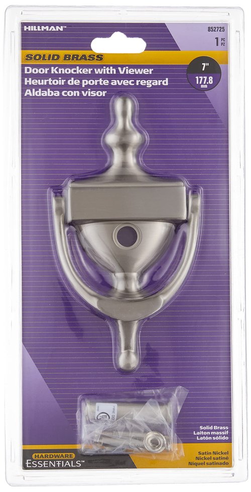 Hardware Essentials Satin Nickel Door Knocker with Viewer, 160 Degree View of Entryway, Front Door, 7 Inches, 11.7 Ounces, 1 Count, Polished Solid Brass, Corrosion Protection, Engraveable (852725)