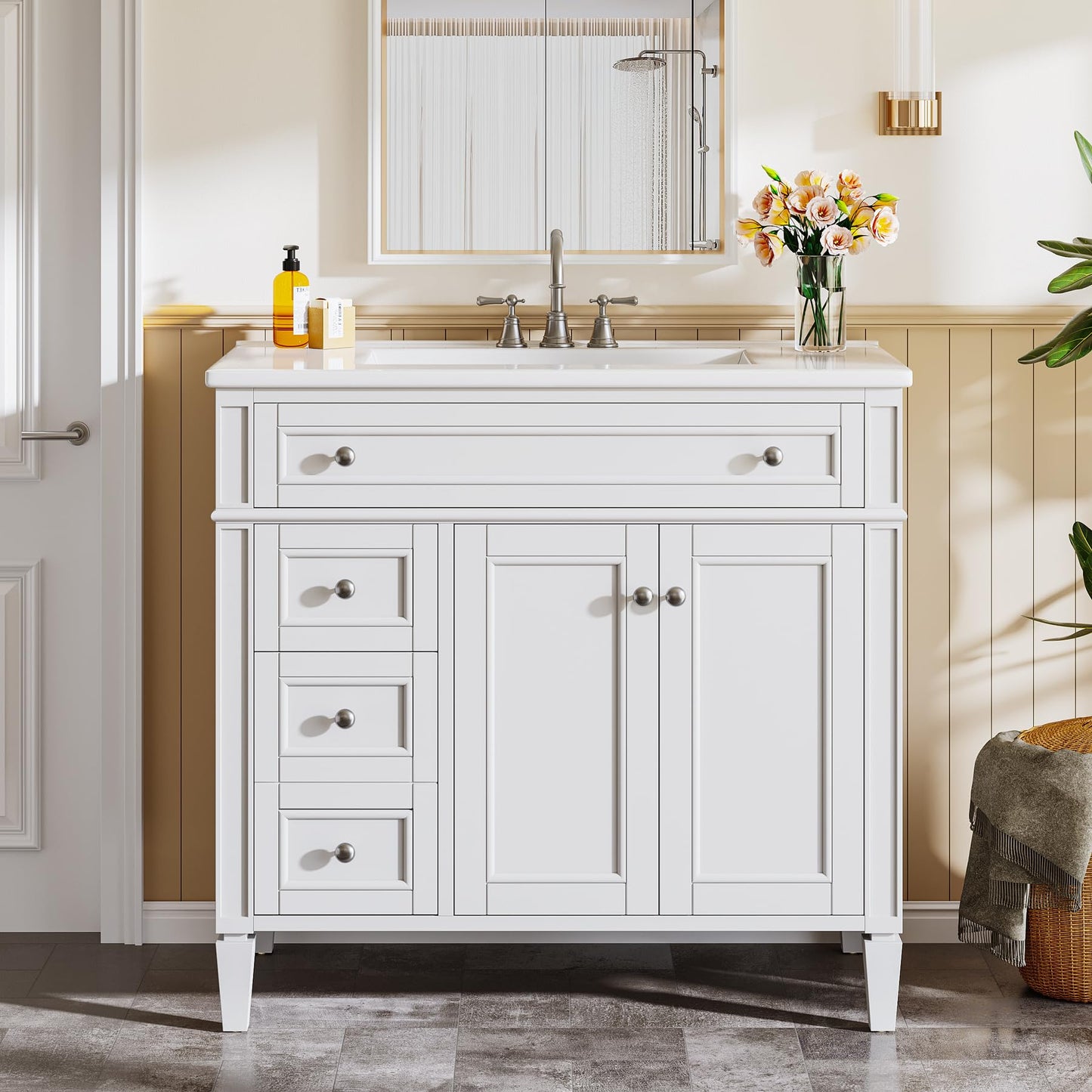 Tribesigns 36" Bathroom Vanity with Sink, Modern Bathroom Sink Cabinet with 4 Drawers & 2 Doors, Bath Storage Vanity Sink with Metal Handles, Solid Wood Frame, Paint Surface White