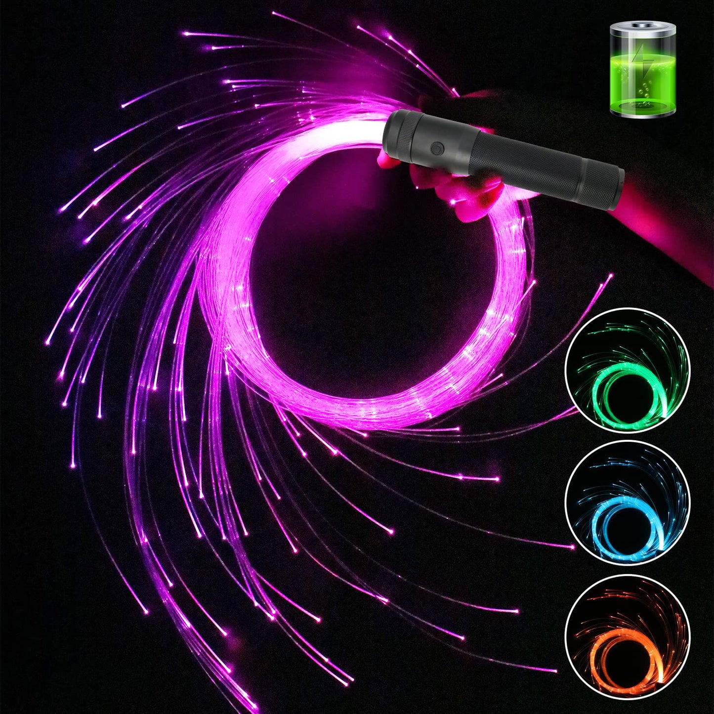 AMKI 6ft Rechargeable LED Fiber Optic Whip, 360 Swivel 36 Mode Effects Super Bright Light Up Dance Rave Toy Great for Raves Parties, Light Shows, EDM Pixel Whip Flow Lace Dance Festival