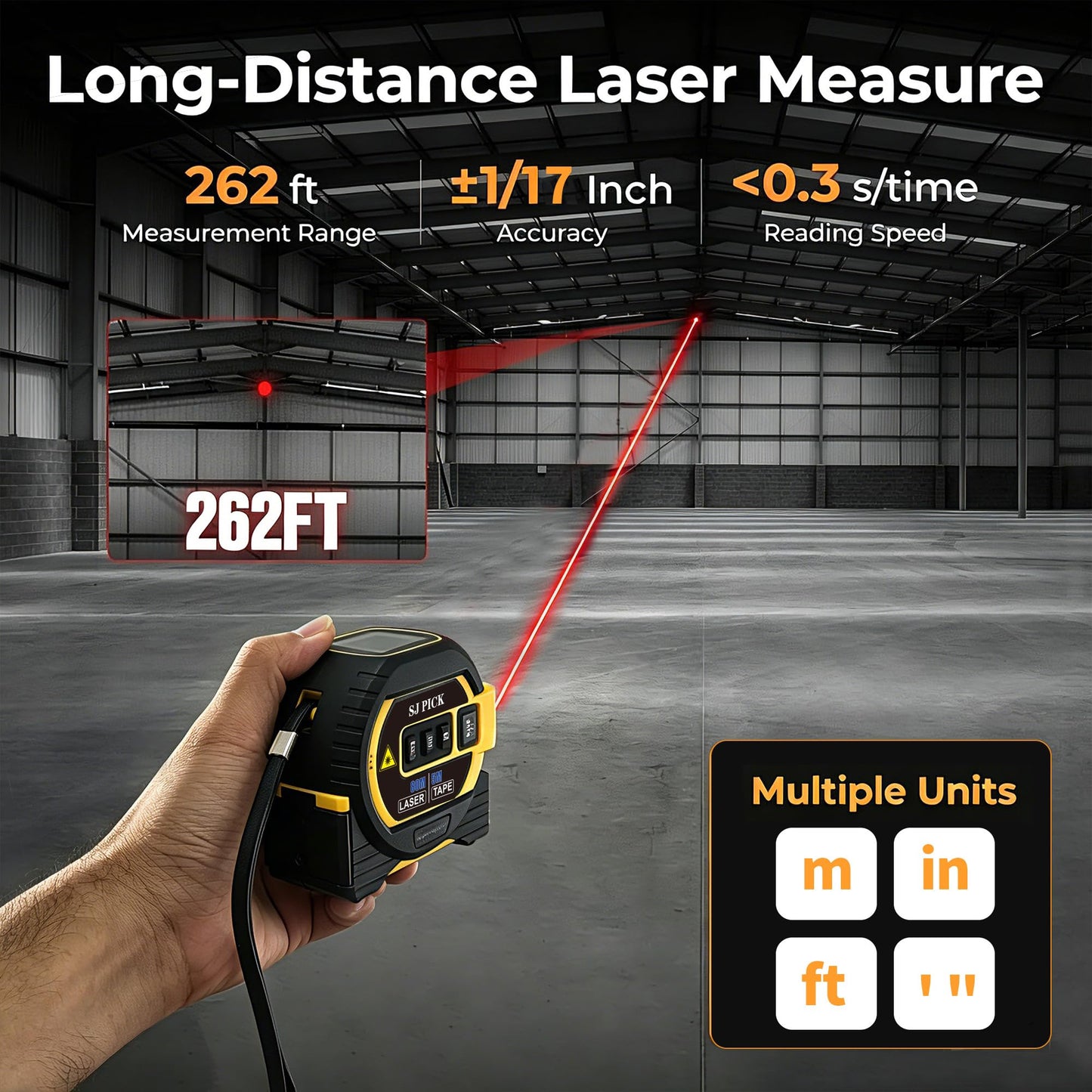 Voice Intelligent Tools 3-in-1 Laser Tape Measure ，Digital Measuring Tape Ruler-LCD Backlight 5M/16Ft Tape & Laser 100m/328Ft Rangefinder，Crosshairs Markings，Data Storage (Yellow, 100m/328ft)