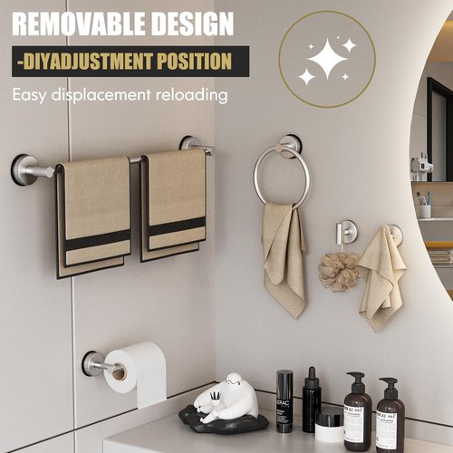 Brushed Nickel Suction Cup Bathroom Accessories Set,Towel Racks for Bathroom,5 Piece Bathroom Hardware Set Restroom Accessories,Includes 24" Towel Bar,Towel Ring,Toilet Paper Holder,Suction Cup Hooks