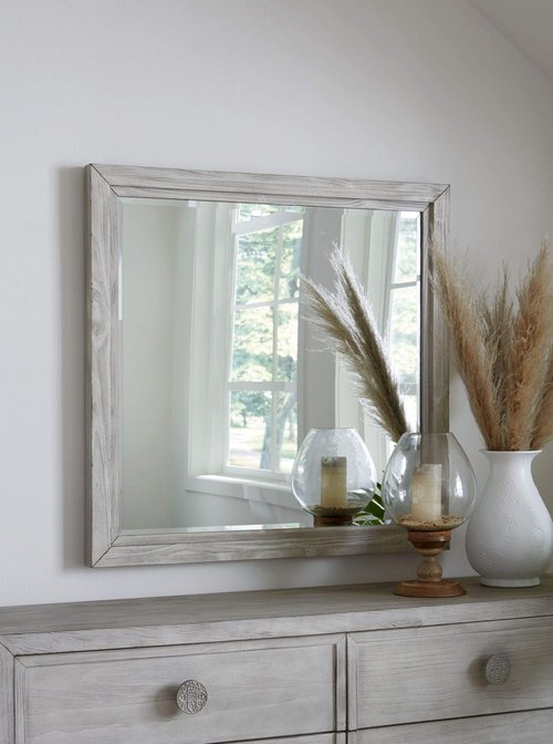 Modus Furniture Solid Wood Mirror, Boho Chic - Washed White, 40" H x 39" W x 2" D