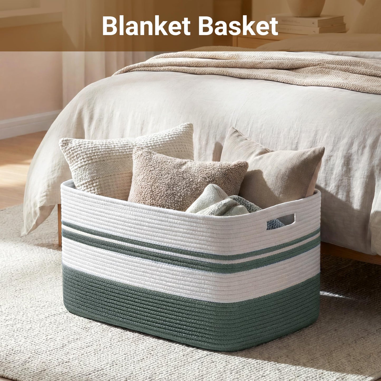 HOBASKET 75L Large Blanket Basket, 22"x17"x12"Rectangle Cotton Rope Woven Storage Basket with Handles, Laundry Hamper for Living Room, Nursery, Bedroom - Chemical-Free, Kid & Pet Safe - Sage Green